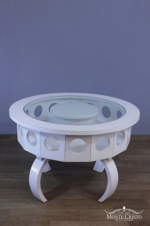 Mesa de centro redonda branco provençal para vinhos com tampo de vidro
